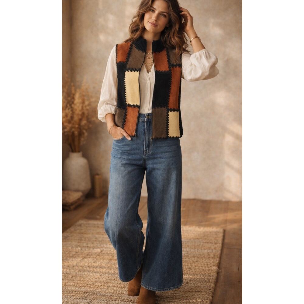 Vintage Artisan Leather Suede Patchwork Vest Boho 90s Zip Designer Studio M